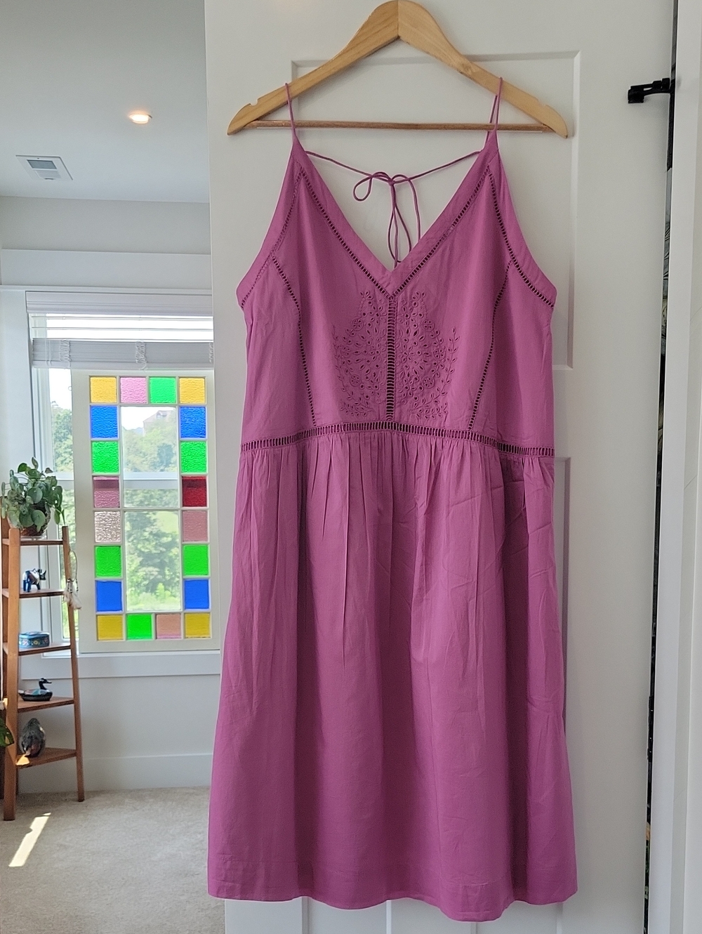 LOFT Pink Orchid Eyelet V‑Neck Midi Cotton Dress